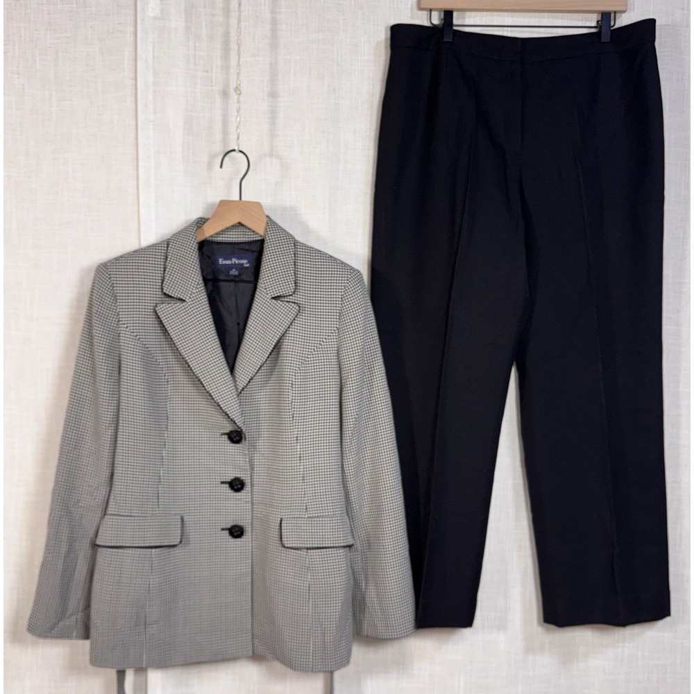 Evan Picone Women's Sz 14 Pant Trousers Blazer Suit Set Black White Plaid Career